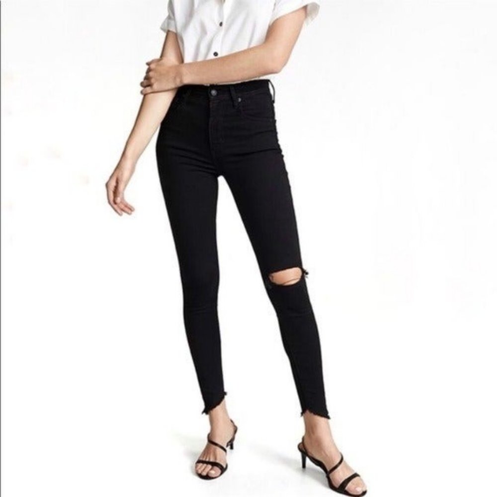 Levi’s Premium Faded Black Mile High Super Skinny Distressed Jeans Slant Hem